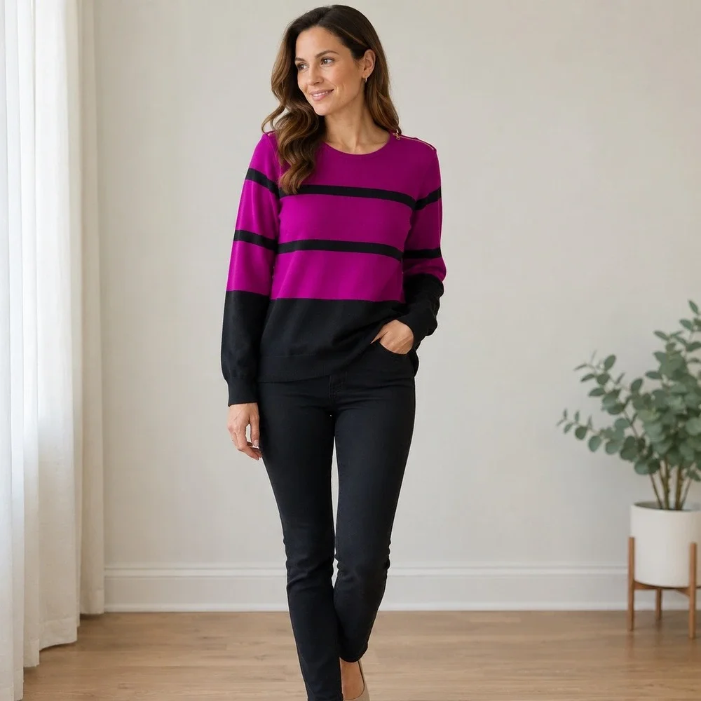 Lauren Ralph Lauren XL Pink Black Striped Gold Zip Shoulder Pullover Sweater